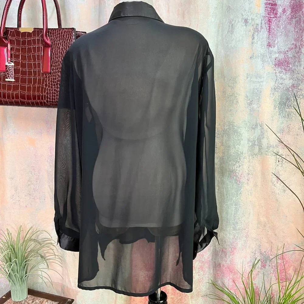 VTG📌 Chiffon Button Down Blouse with Satin Collar & Cuffs - Picture 2 of 16